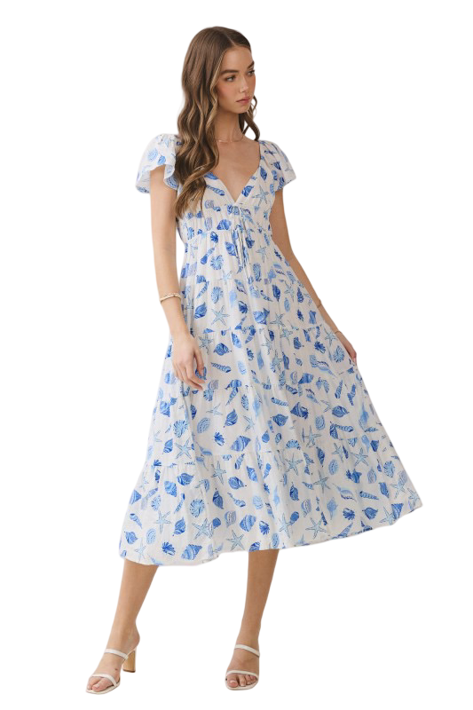 TCEC Shell Print V Neck Flutter Sleeve Midi Dress