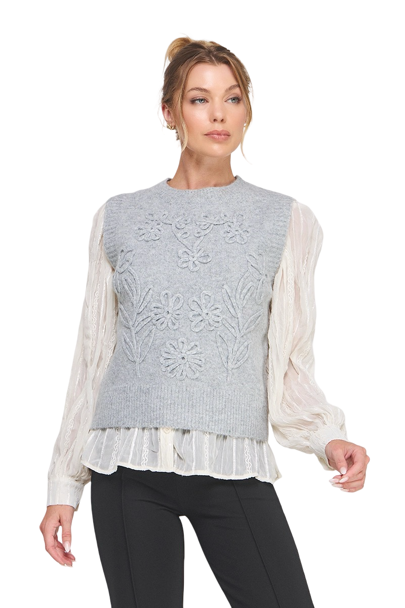 Apparel-Allie Rose Floral Embroidery Sweater Vest Top