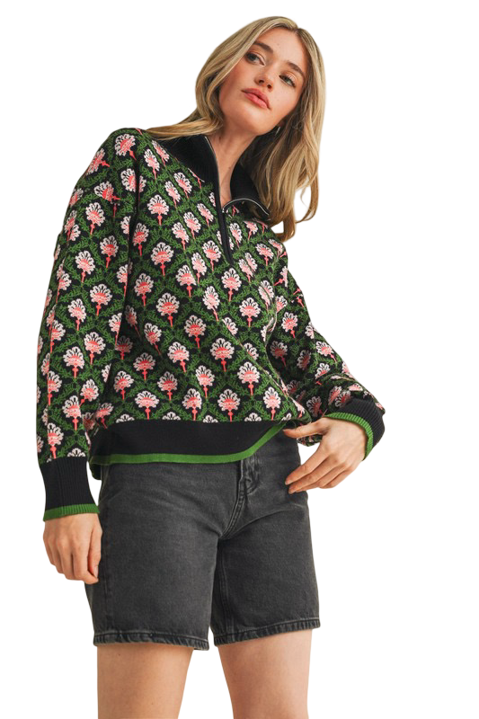 Apparel- En Merci Floral Half Zip Mock Neck Pullover Sweater
