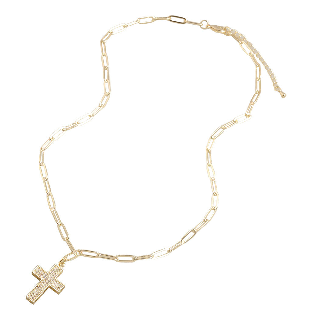 Necklaces- M&E Bling Pave Thick Cross Drop Necklace