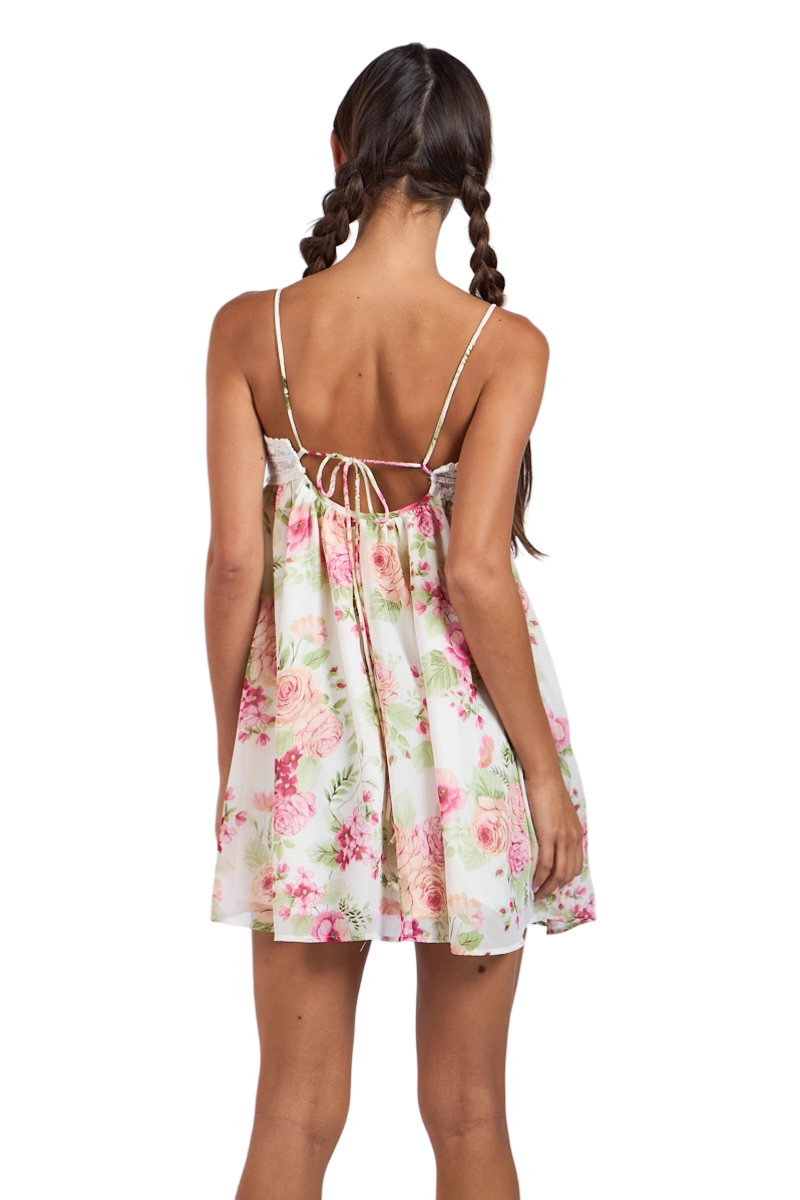 Apparel- Sky to Moon Floral Print Double Lace Trim Mini Dress