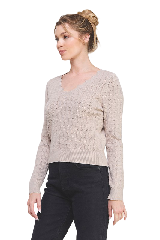 Apparel-Allie Rose Pointelle Pullover V Scalloped Neck Top
