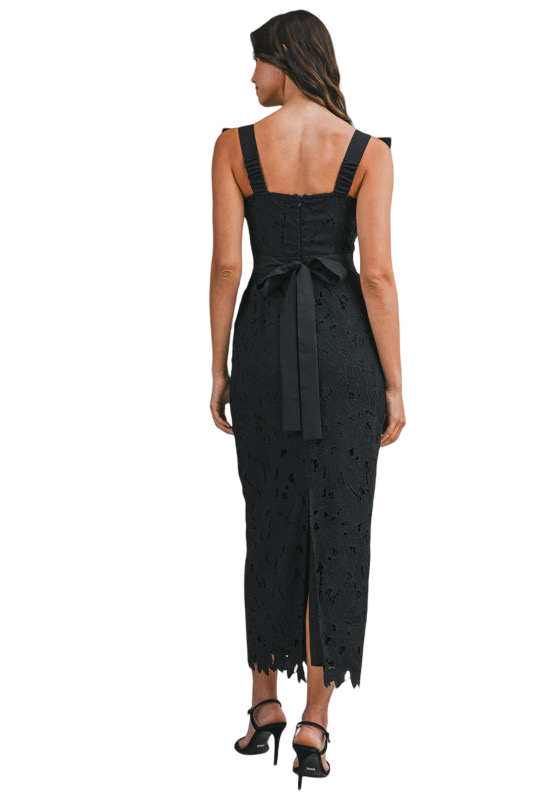 Apparel- Mable Eyelet Lace Shoulder Tie Midi Dress