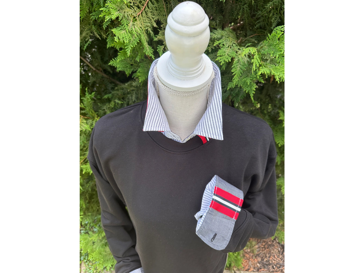 Pearly Vines Casie 2-  Striped Oxford with Black and Red Stripe Ribbon