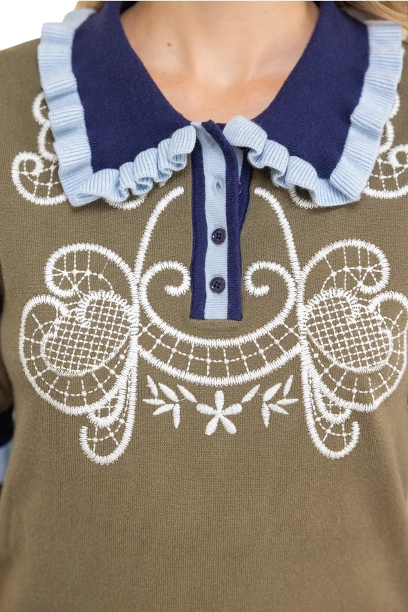 Apparel- VOY Contrast Embroidery Collar Knit Top