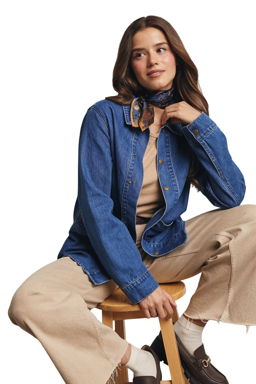 Apparel- Forte Utility Snap Washed Denim Jacket Top