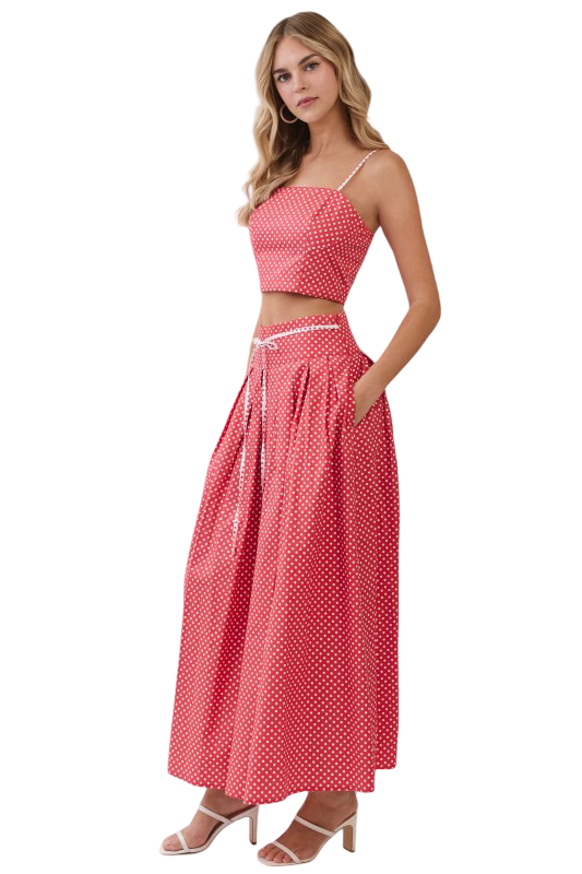 TCEC Pleated Polka Dot Rope Tie Maxi Skirt