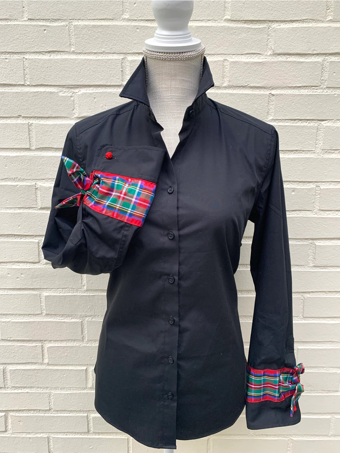 Apparel- Pearly Vines- Audrey Black Holiday Ribbon French Cuff with Black Plaid Ribbon