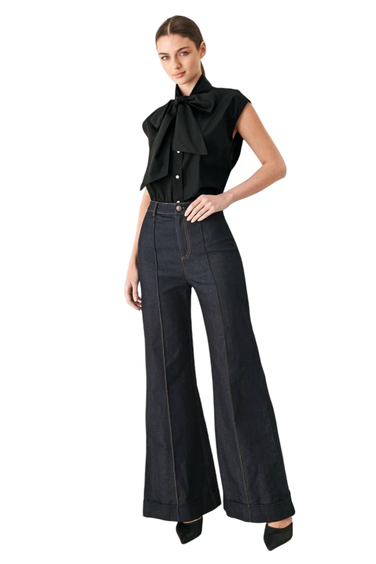 Flying Tomato Button Front Bow Tie Black Blouse Top