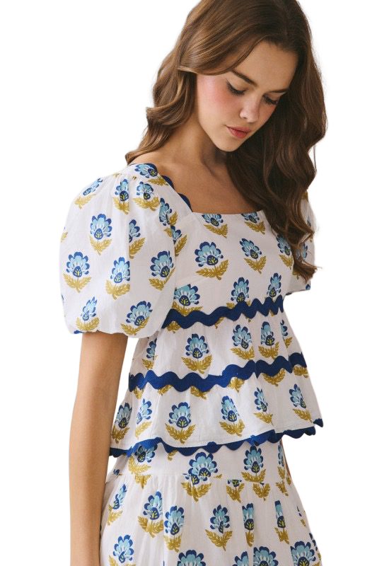 TCEC Floral Print Ric Rac Detail Blouse Top