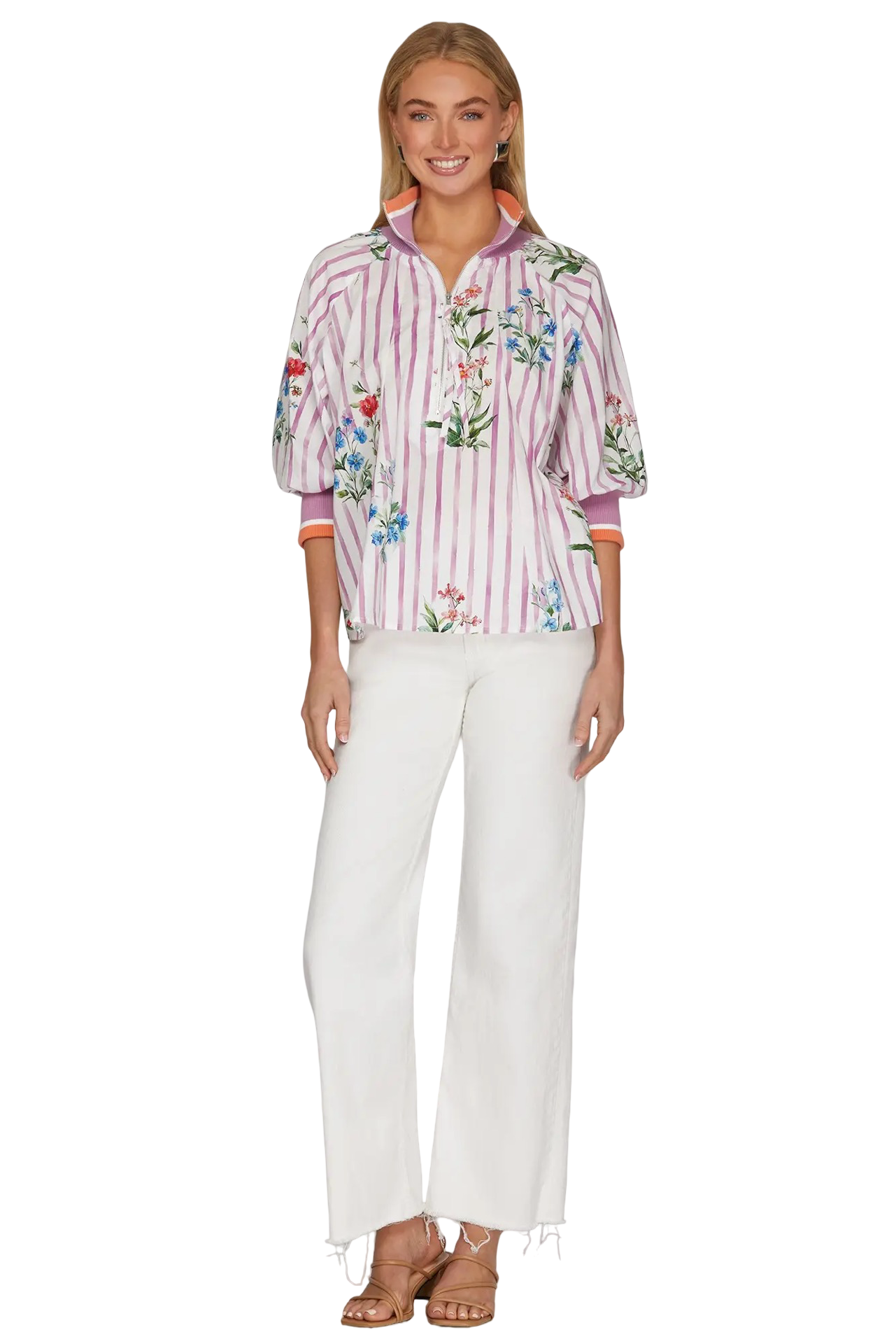She+Sky 3/4 Sleeve Half Zip Printed Blouse Top
