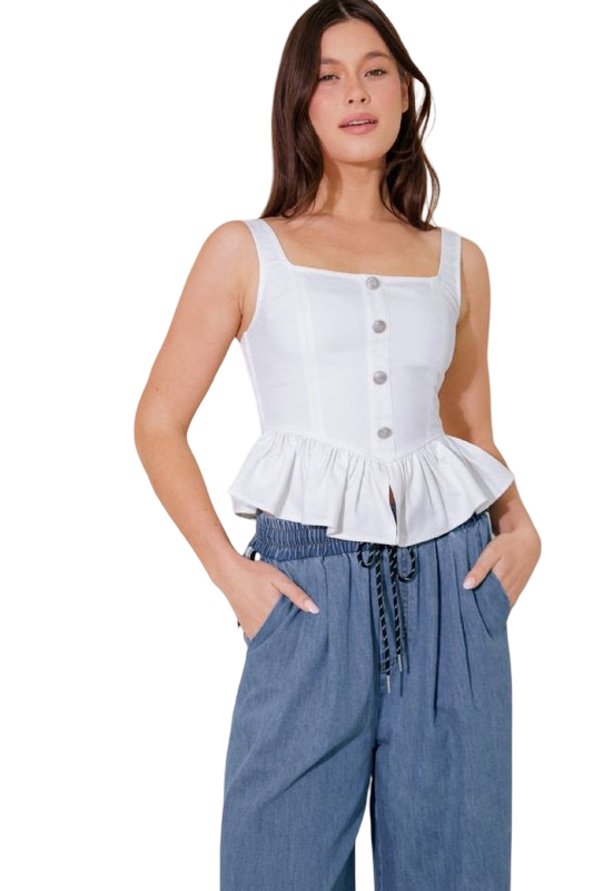 Flying Tomato Button Front Ruffled Woven Top