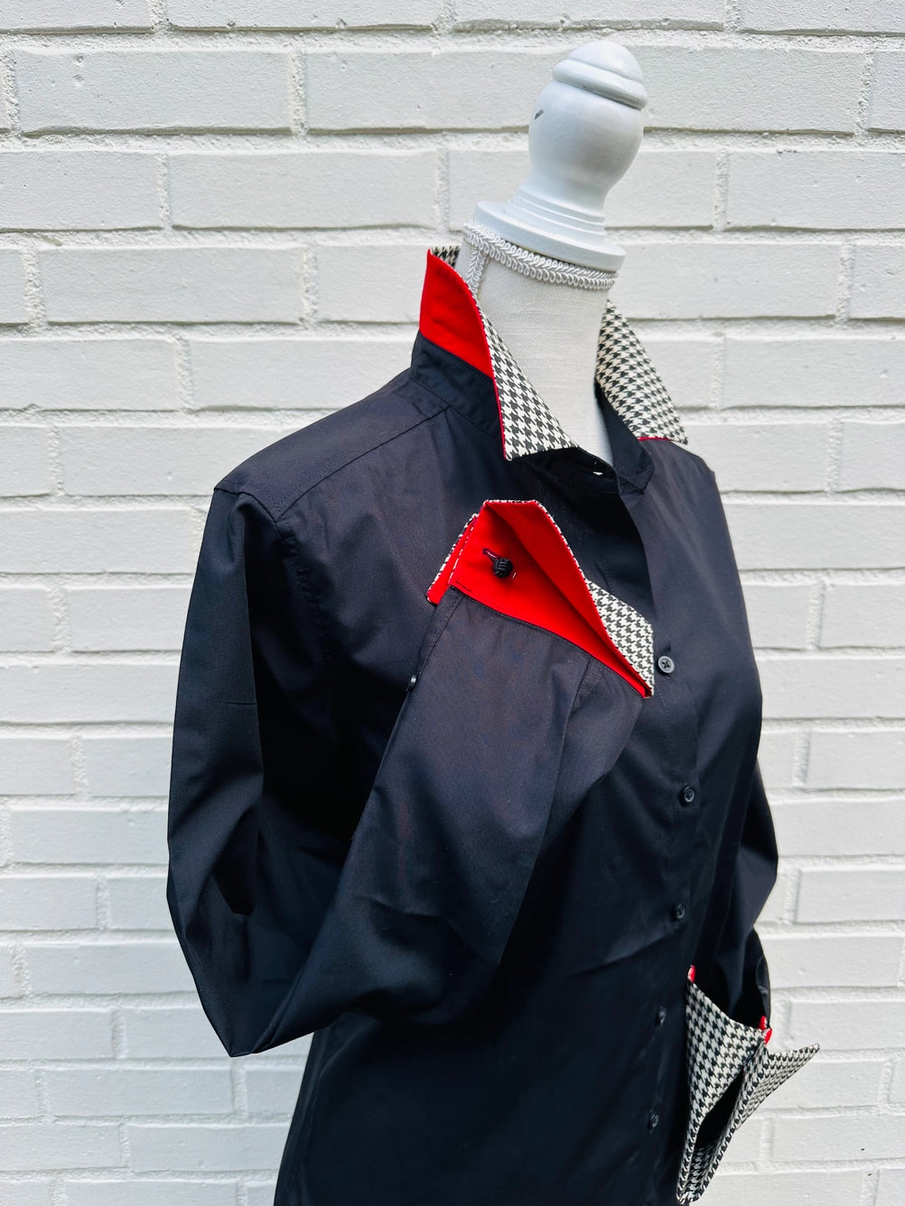 Apparel- Pearly Vines- Diana French Cuff Black w Red &Houndstooth Ribbon