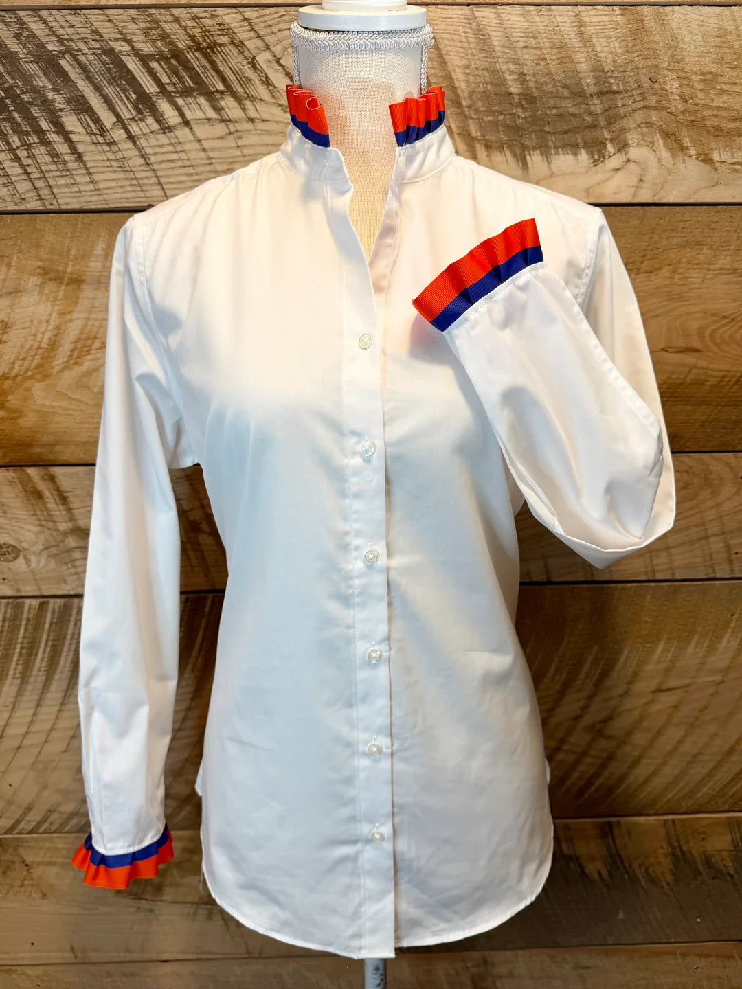 Pearly Vines- Dionne Game Day Ruffled Ribbon Shirt- White with Orange & Royal Ribbon