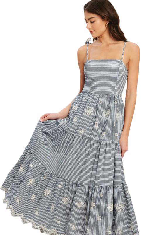 Flying Tomato Embroidered  Striped Tie Strap Maxi Dress