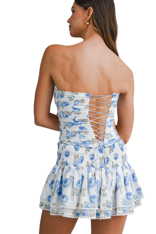 Mable Floral  Ruched Corset Top and Mini Skort Skirt Set
