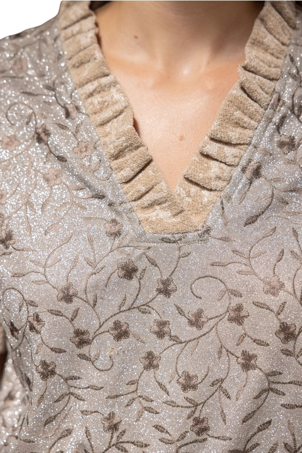 Apparel- VOY Ruffled V Neck Mixed Media Knit Top