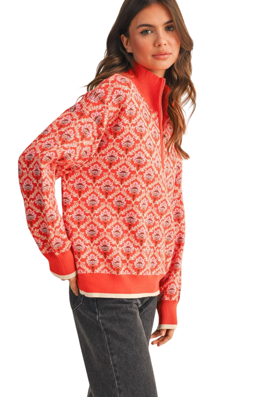 Apparel- En Merci Floral Half Zip Mock Neck Pullover Sweater