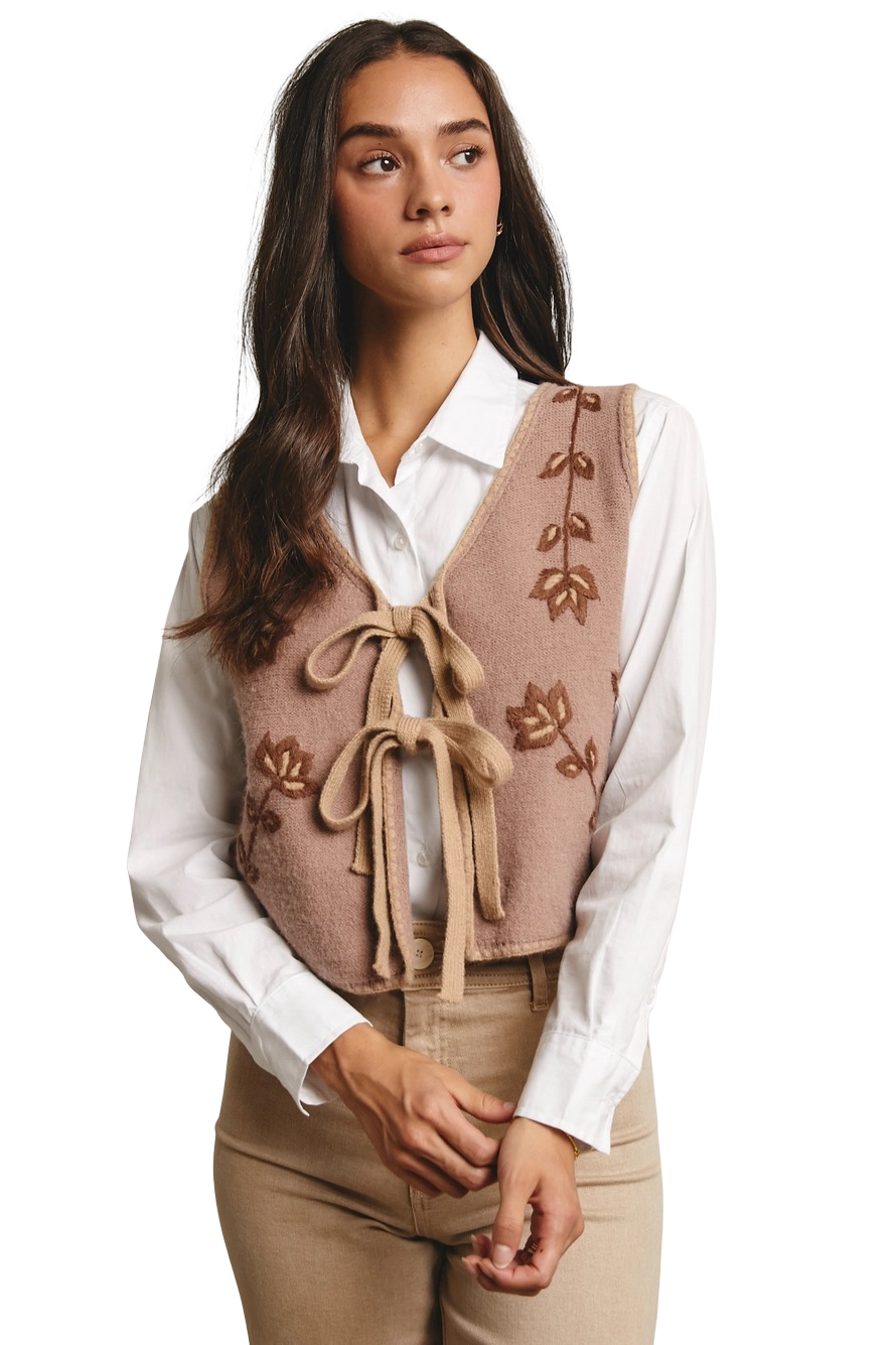 Apparel- Forte Embroidered Tie Front Sweater Vest