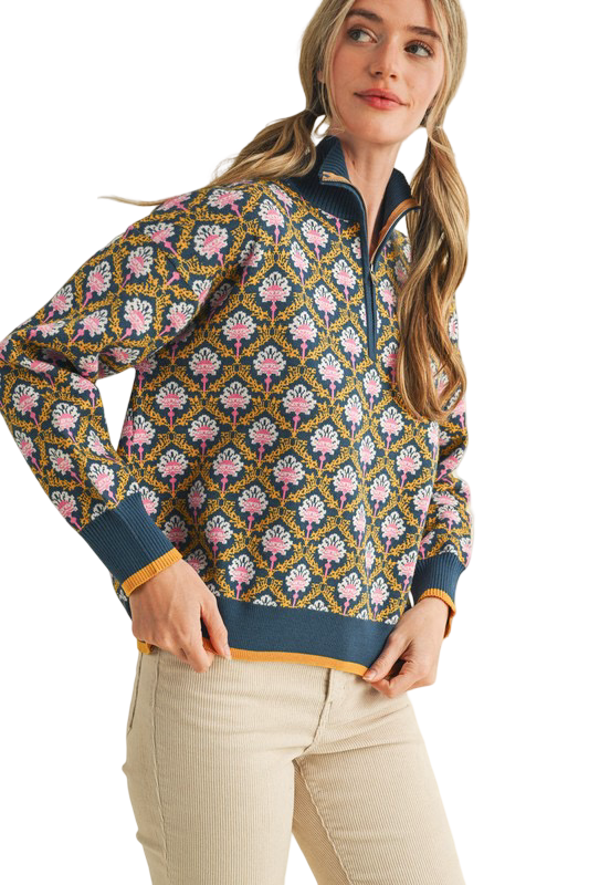 Apparel- En Merci Floral Half Zip Mock Neck Pullover Sweater