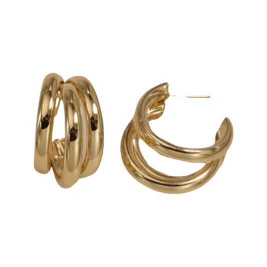 Earrings- M&E Bling Shiny Gold Three Hoop Earrings