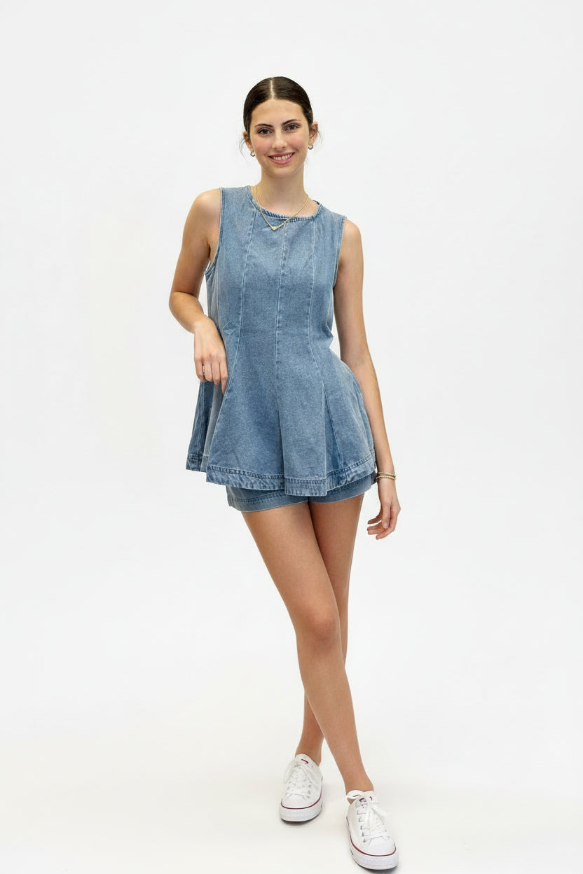 Needii Denim Flared Tunic Top With Back Keyhole