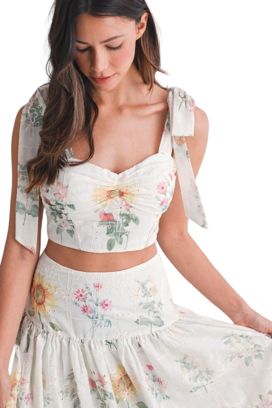 Mable Floral Eyelet Top and Midi Skirt Set