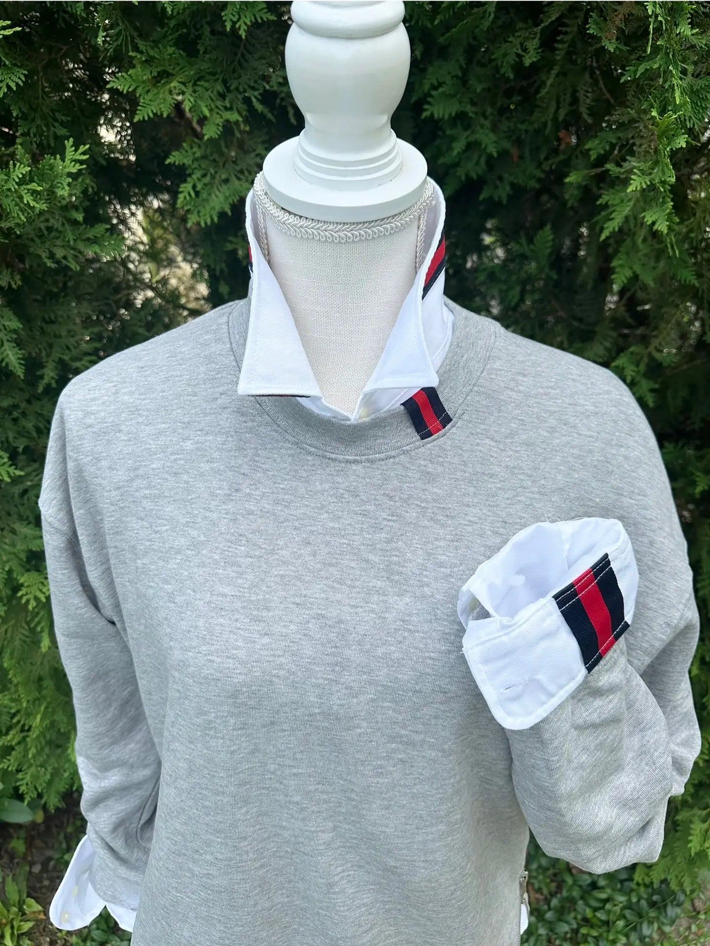 Apparel- Pearly Vines Casie 2-  White Oxford with Navy and Red Stripe Ribbon