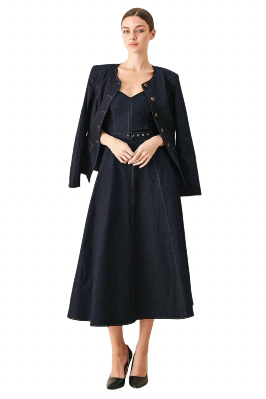 Flying Tomato Sweetheart Neck Classic Denim Midi Dress