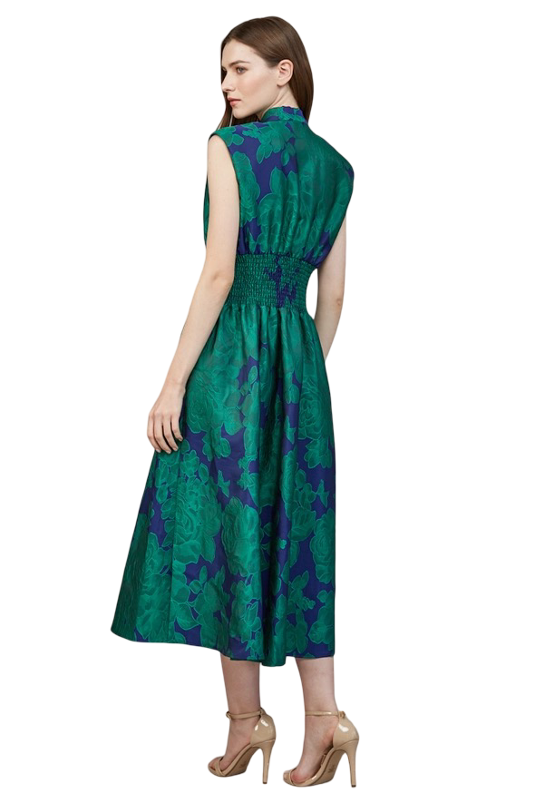 Apparel-Fate Floral Jacquard Front Zip Midi Dress