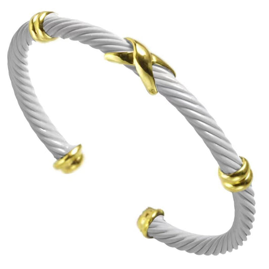 Bracelets- M&E Bling White Thin Cable With Gold Cross Front Bangle