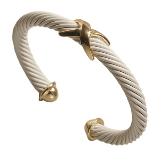 Bracelets- M&E Bling White Thick Cable With Gold Cross Front Bangle
