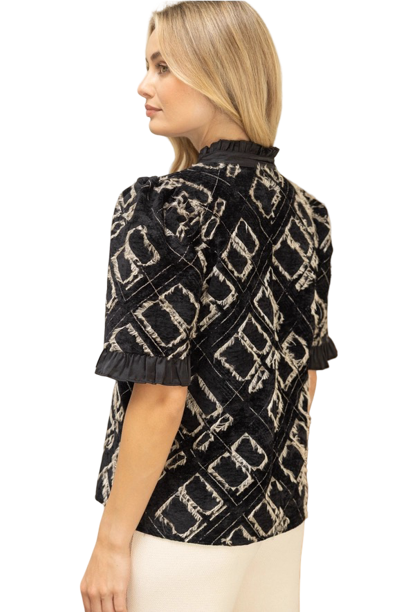 Apparel- VOY Satin Band Velvet Detail Burnout Top