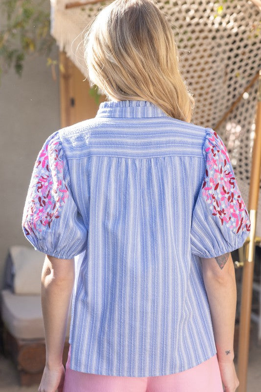 Apparel- VOY Short Embroidered Contrast Knit Top