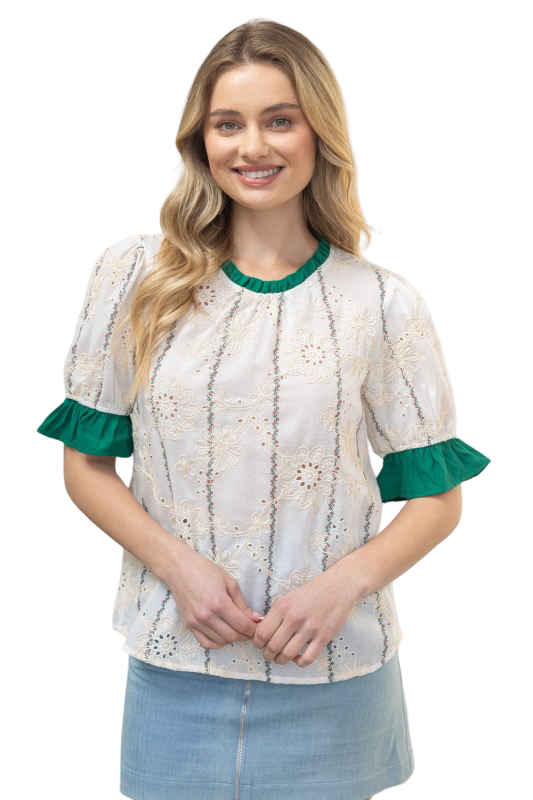 VOY Eyelet Contrast Band and Sleeve Blouse Top