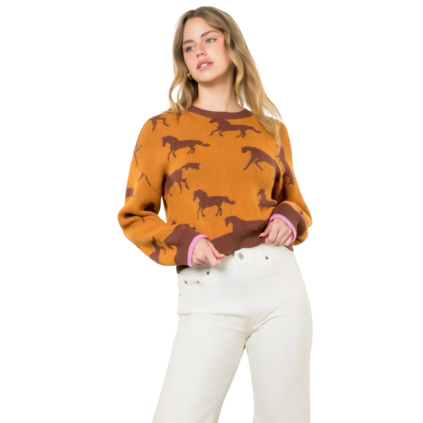 Apparel- THML Horse Print Crew Knit Sweater Top