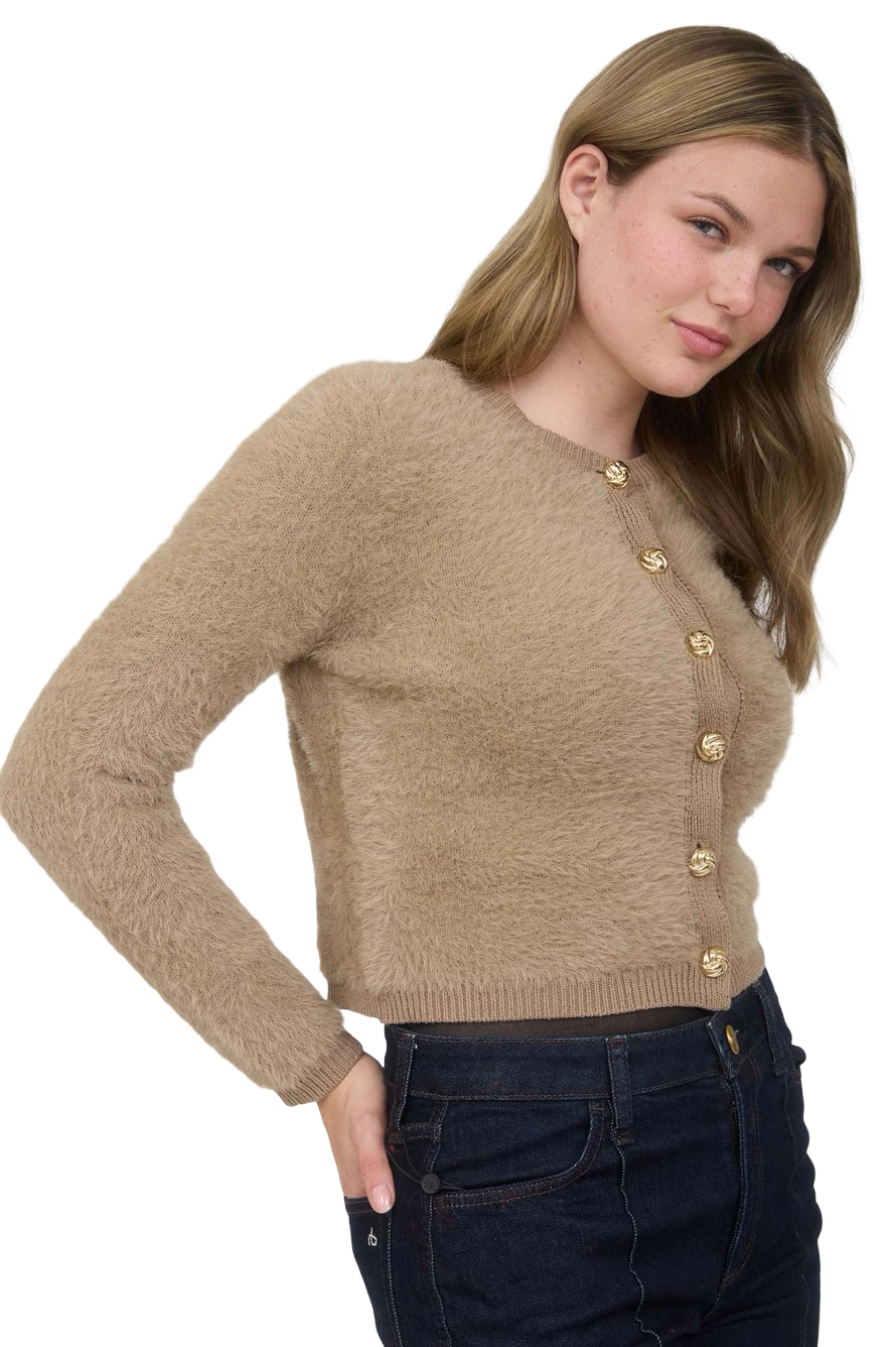 Apparel- The Workshop Gold Button Fuzzy Knit Cardigan Top