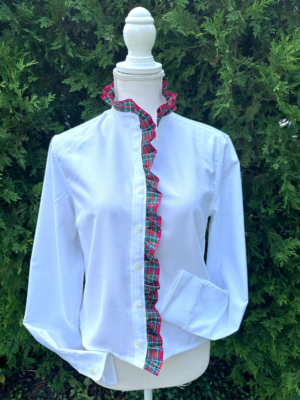 Apparel- Pearly Vines Sophia White Oxford with Red Plaid Ruffle Front Shirt