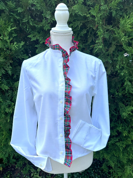 Apparel- Pearly Vines Sophia White Oxford with Red Plaid Ruffle Front Shirt