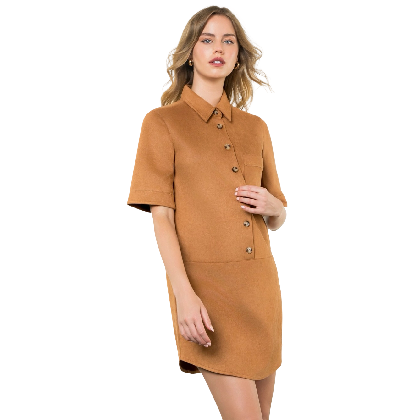 Apparel- THML Button Front Short Sleeve Suede Mini Dress