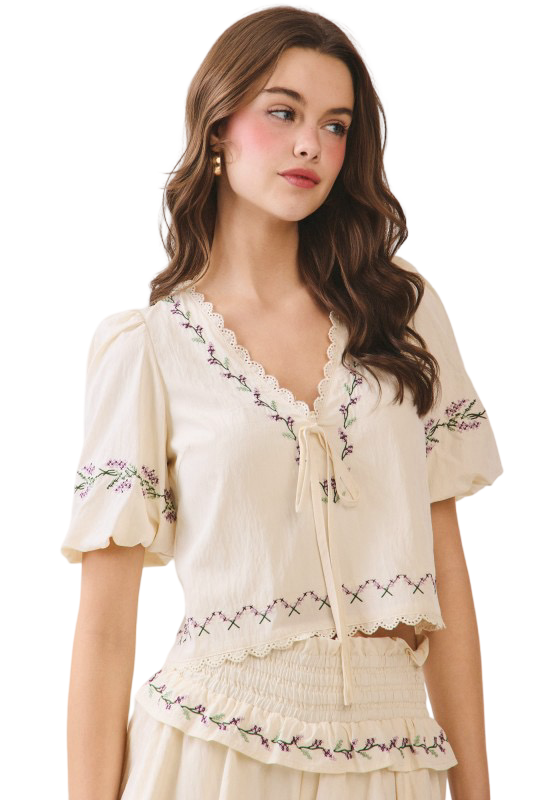 TCEC Delicate Lace Trim Detail V Neckline Top
