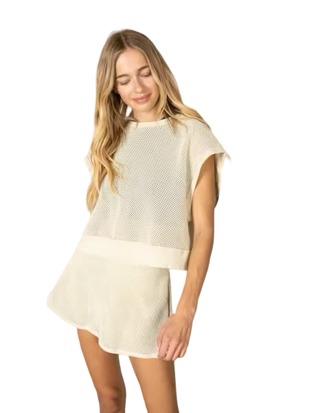 LaBiz Heavy Cotton Mesh Open Back Drop Shoulder Short Sleeve Top