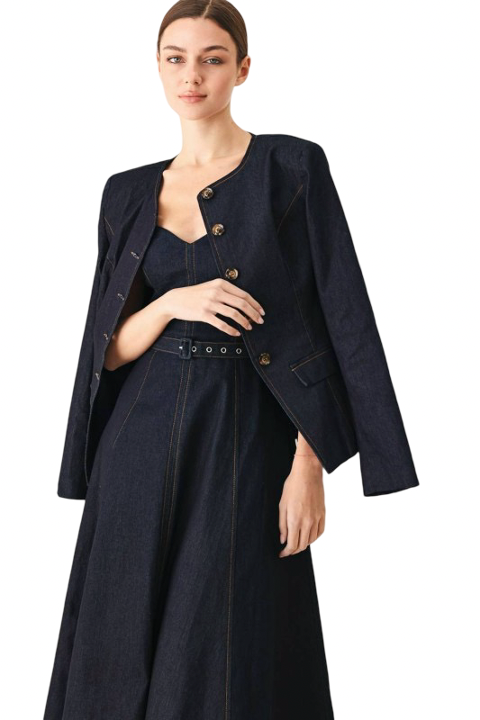 Flying Tomato Sweetheart Neck Classic Denim Midi Dress