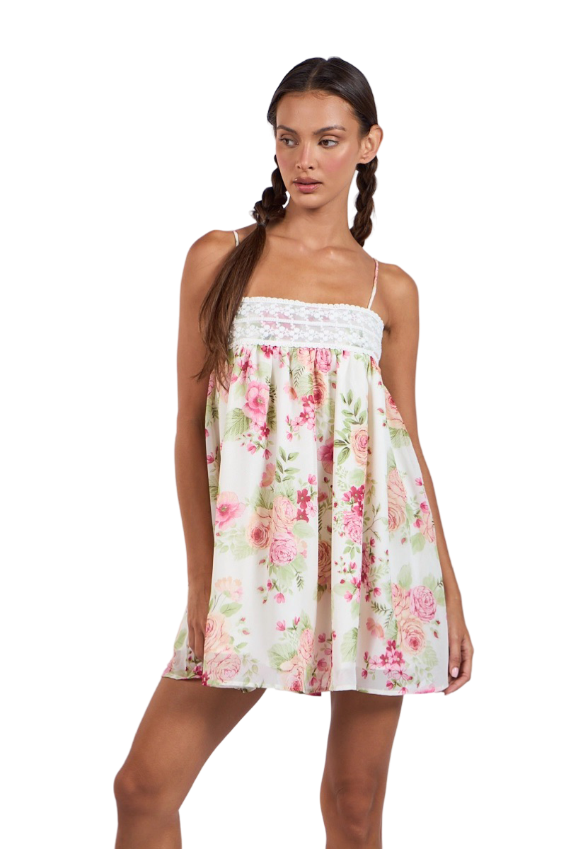 Apparel- Sky to Moon Floral Print Double Lace Trim Mini Dress