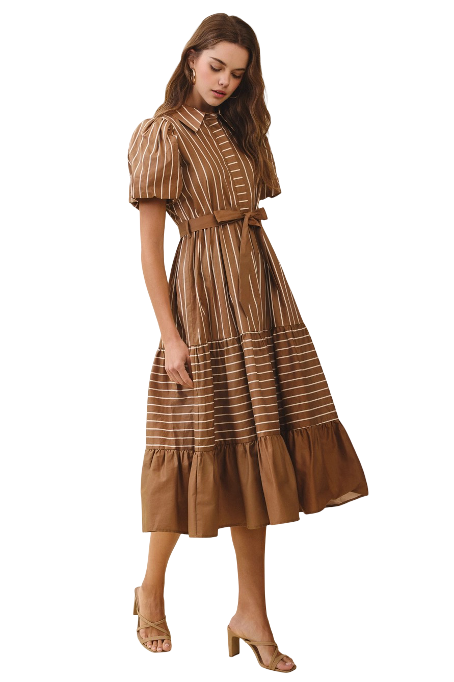 Apparel- TCEC  Collard Striped Belt Waist Midi Dress