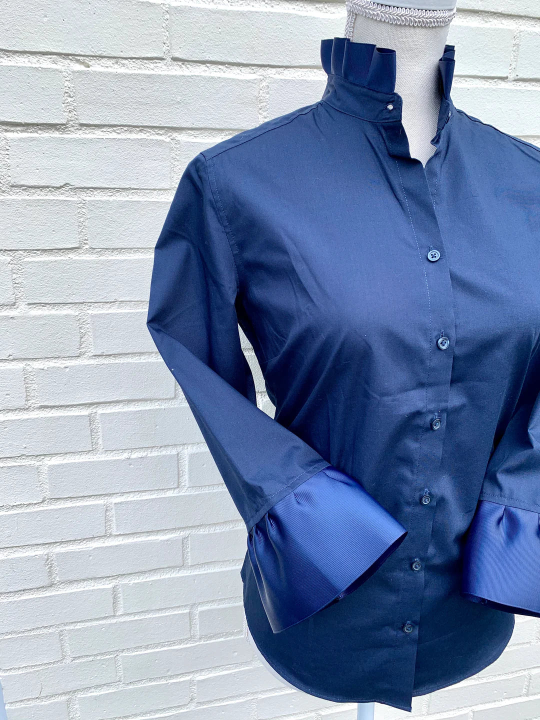 Apparel- Pearly Vines- Barbara Ann Navy 3/4 Trim Ribbon Shirt