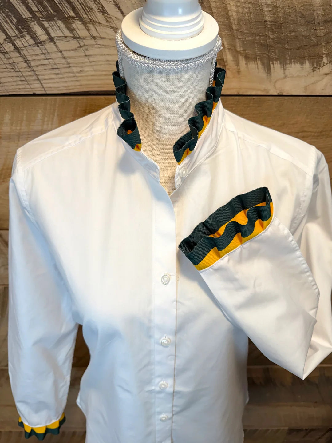 Pearly Vines- Dionne Game Day Ruffled Ribbon Shirt- White with Green & Gold Ribbon