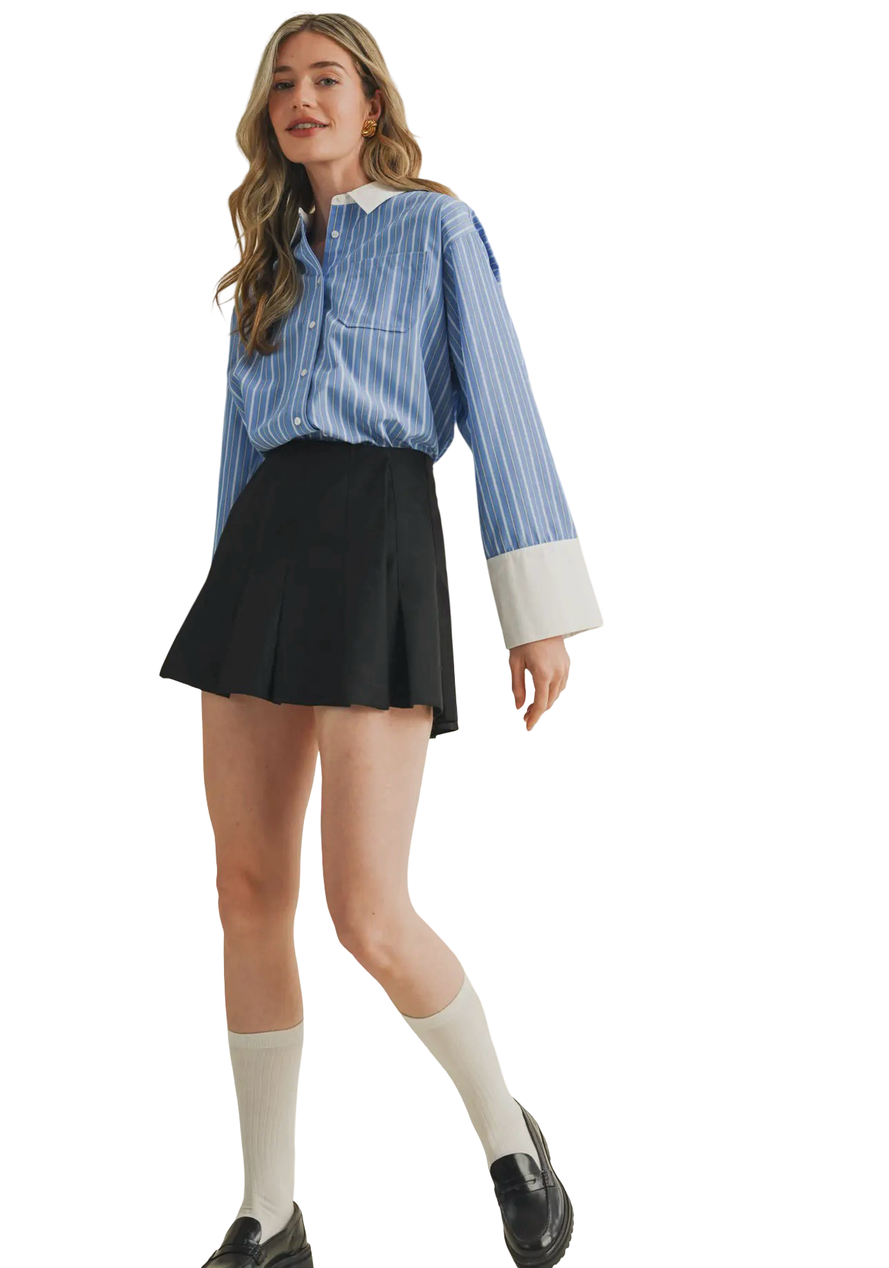 Apparel- En Merci Striped Wide Cuff Button Down Top