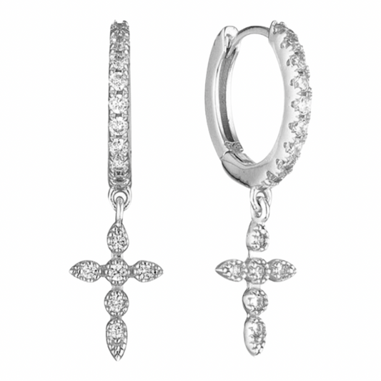 Earrings- M&E Bling Dangle Cross With CZ Huggies