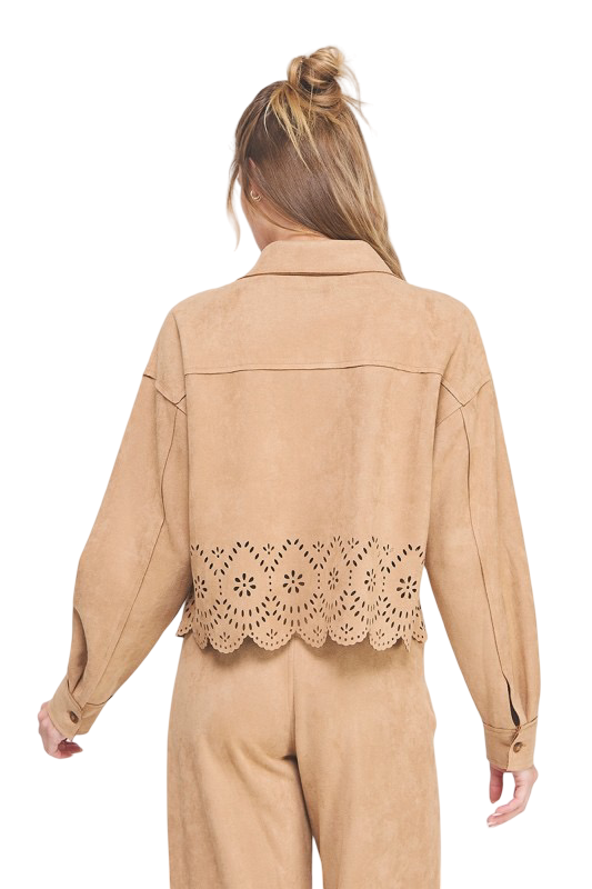Apparel-Allie Rose Suede Laser Cut Shirt Jacket